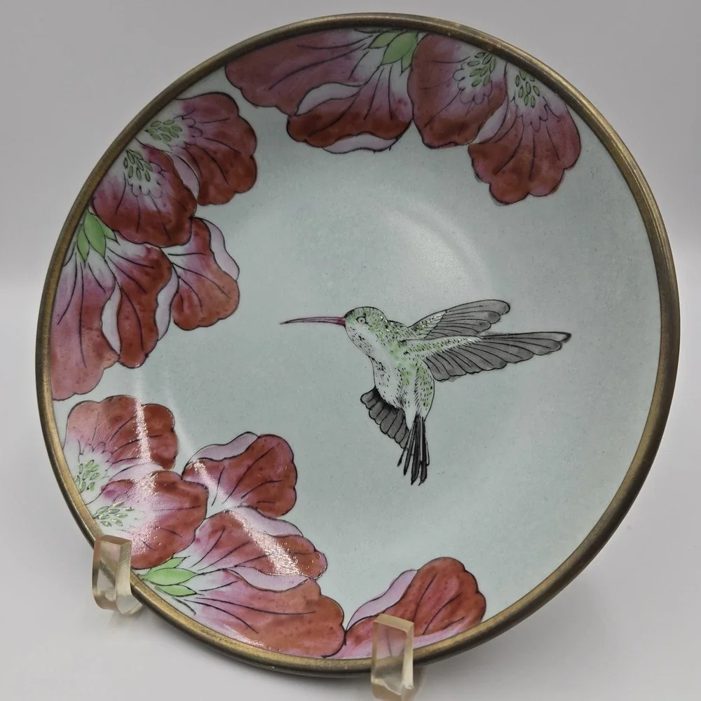VTG RARE Rubicon Hand Painted Wall Art Flower & Hummingbird Gold Trim‎ 1987 8